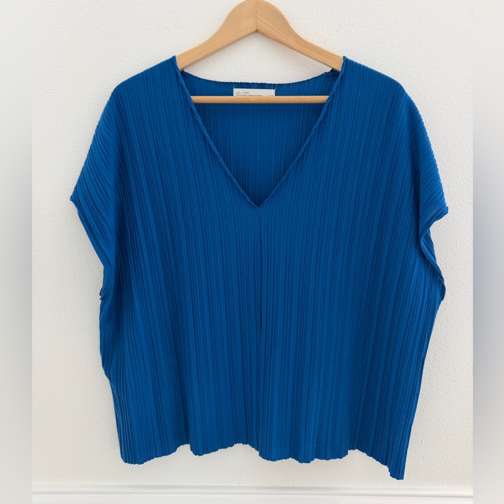 OAK + FORT Pleated V-Neck Blouse Top Blue Oversized - Size M